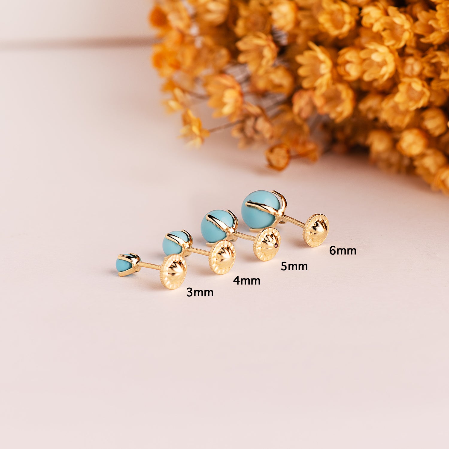 18K Yellow Gold Turquoise Earrings 4x4 mm Nut