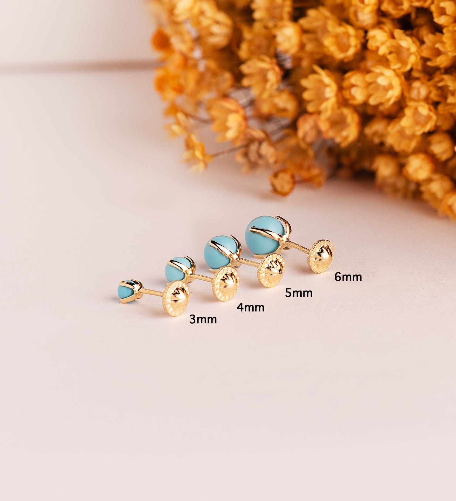 18K Yellow Gold Earrings 4 Prongs 3mm Turquoise. Nut Closure