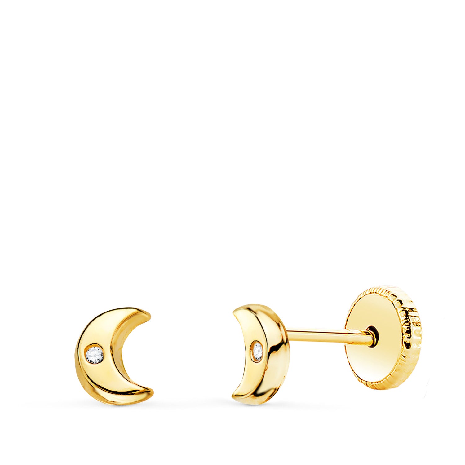 18K Yellow Gold Half Moon Earrings With Shiny Zirconia 5x4 Mm. Nut Closure