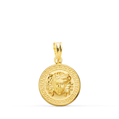 18K Yellow Gold Medusa Medal with Shaded Greek Key Border 15mm