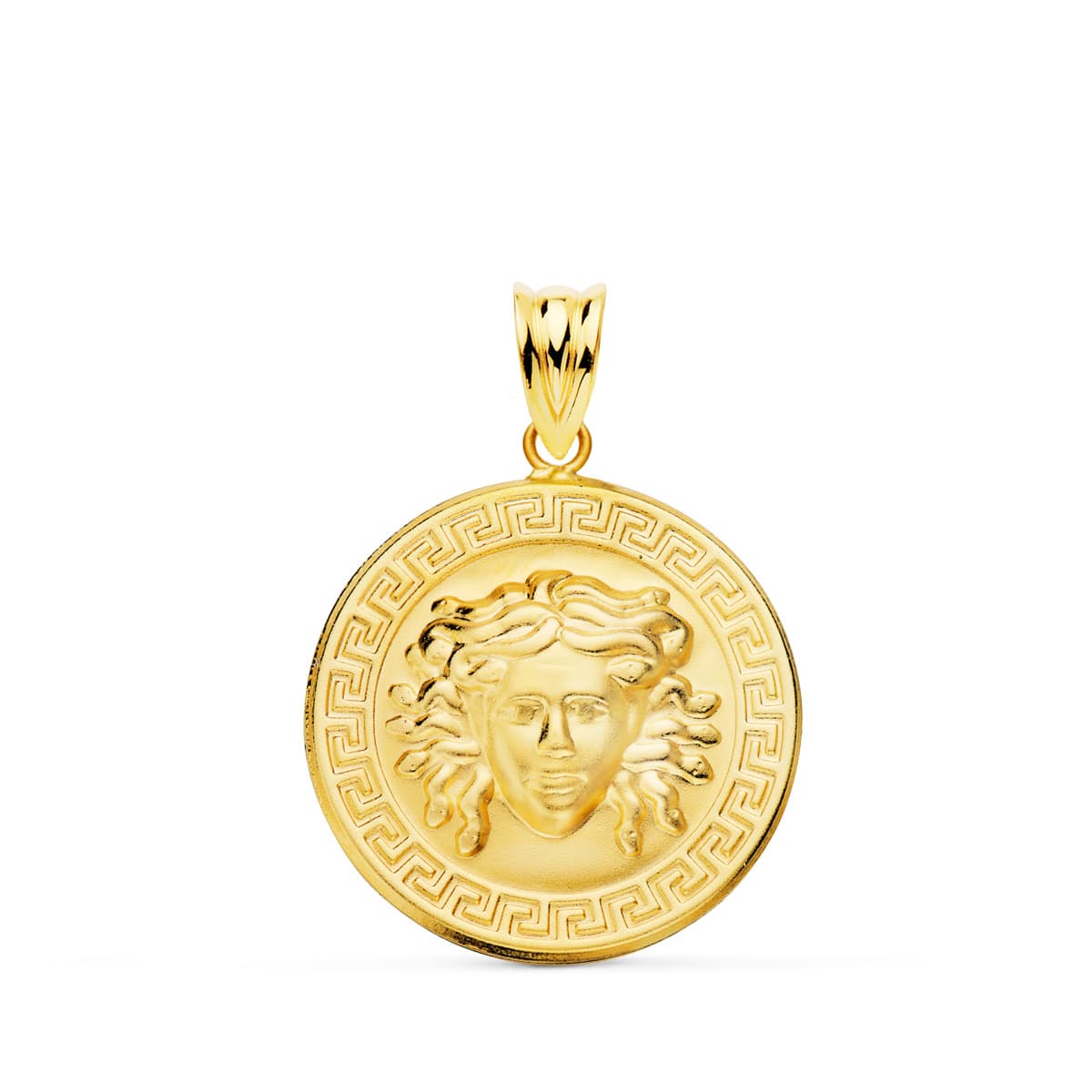 Médaille 18K Or Jaune Méduse Avec Bordure De Greca Satinée 20 mm