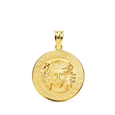 18K Yellow Gold Medusa Medal with Shaded Greek Key Border 20mm