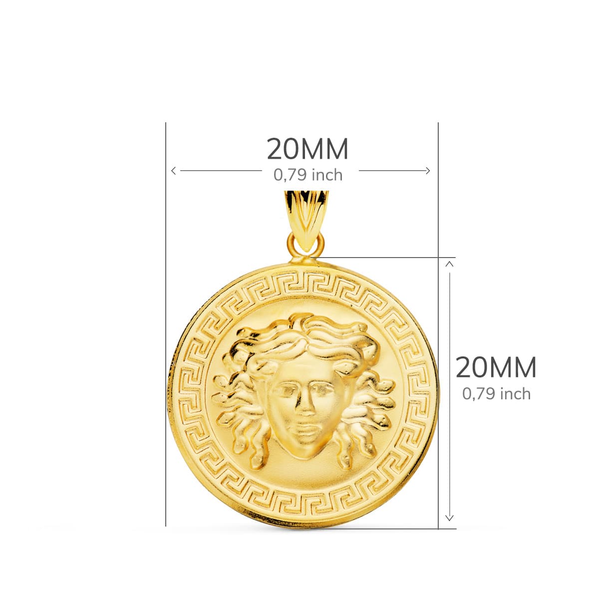 Médaille 18K Or Jaune Méduse Avec Bordure De Greca Satinée 20 mm