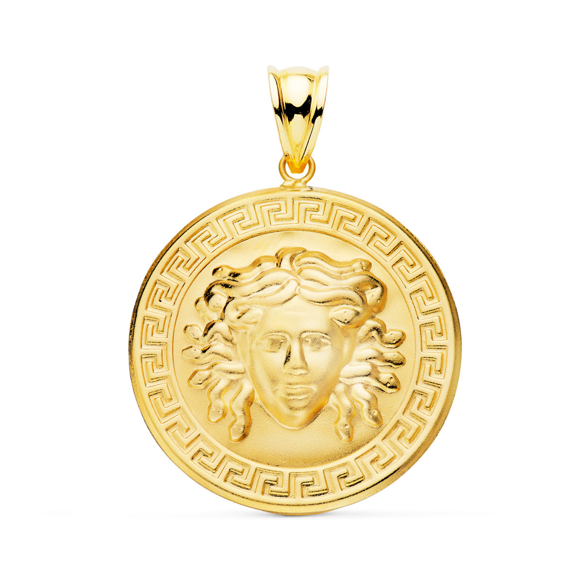 Médaille 18K Or Jaune Méduse Avec Bordure De Greca Satinée 25 mm