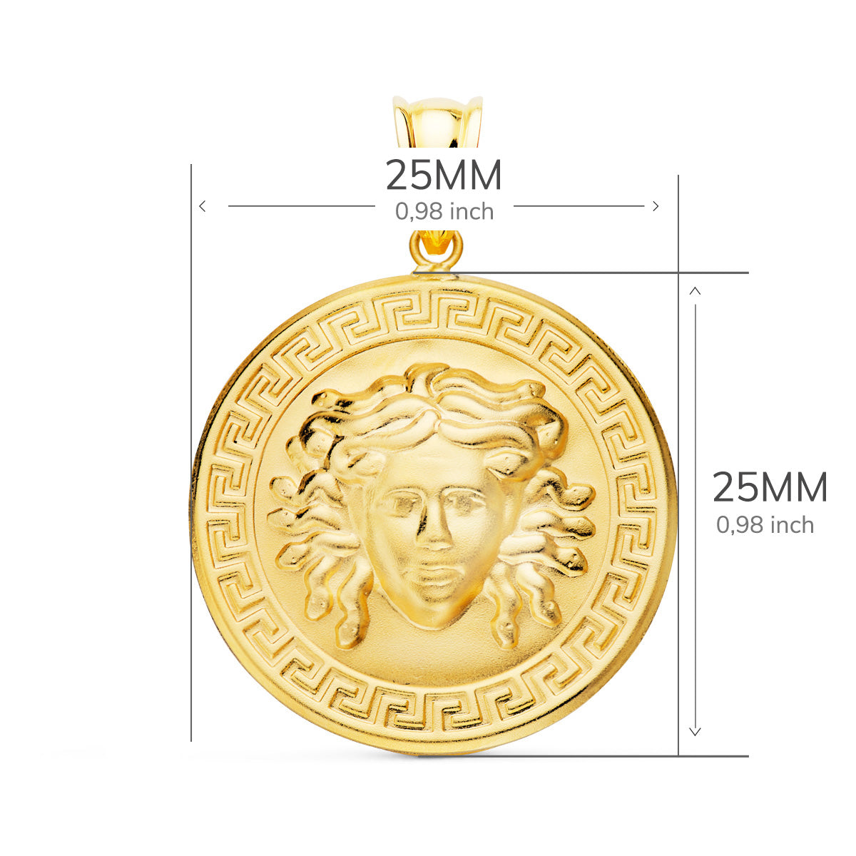 Médaille 18K Or Jaune Méduse Avec Bordure De Greca Satinée 25 mm