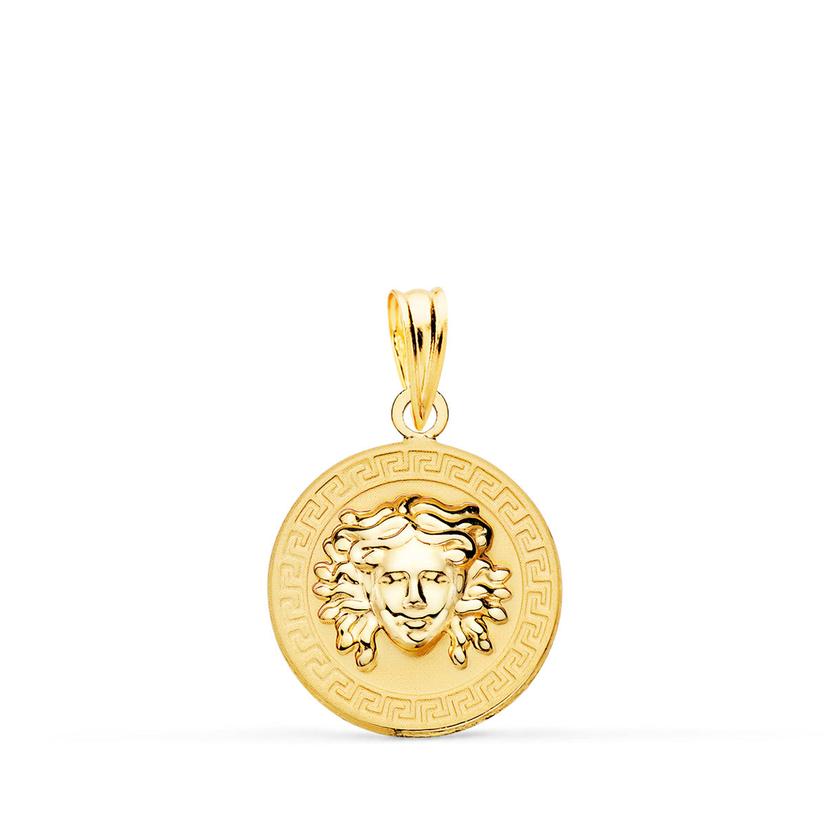 18K Yellow Gold Medusa Medal in Shine with Matte Greek Border 15 mm