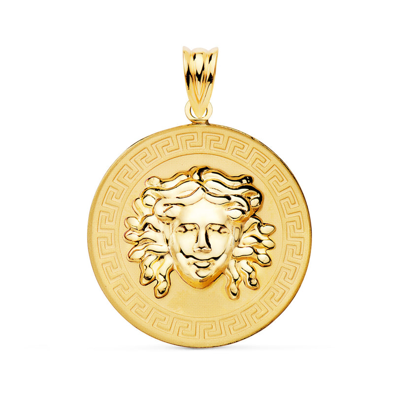 18K Yellow Gold Shiny Medusa Medal with Nuanced Greca Border 25 mm