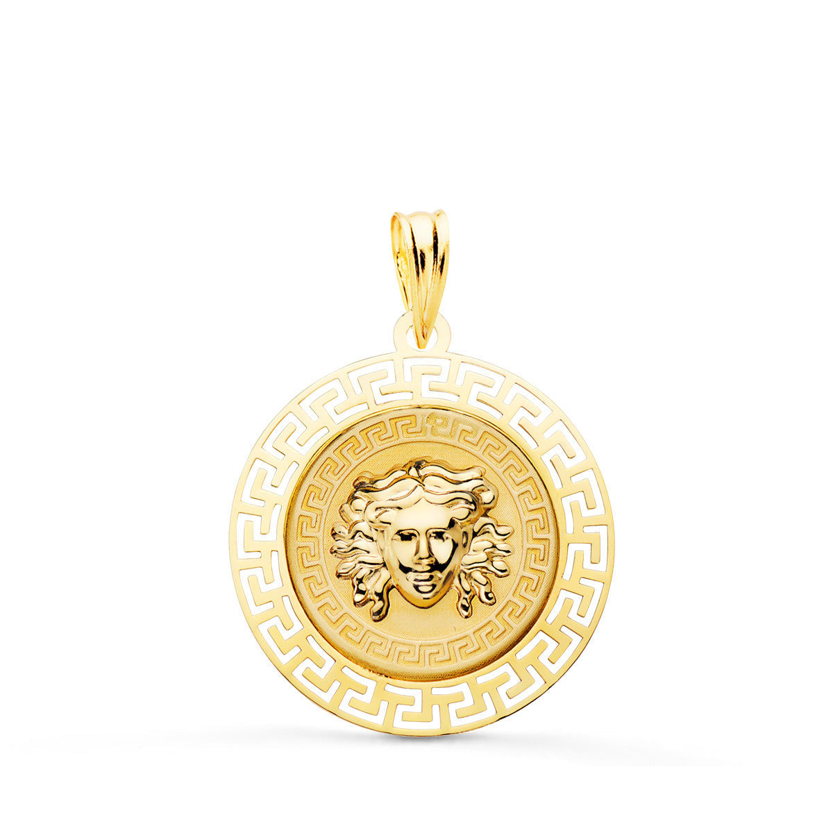 18K Yellow Gold Medusa Medal with Openwork Border and Matte Greek Key 20 mm