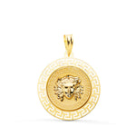 18K Yellow Gold Medusa Medal With Openwork Border And Shaded Greek Key 20 mm