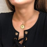 18K Yellow Gold Medusa Medal With Openwork Border And Shaded Greek Key 20 mm