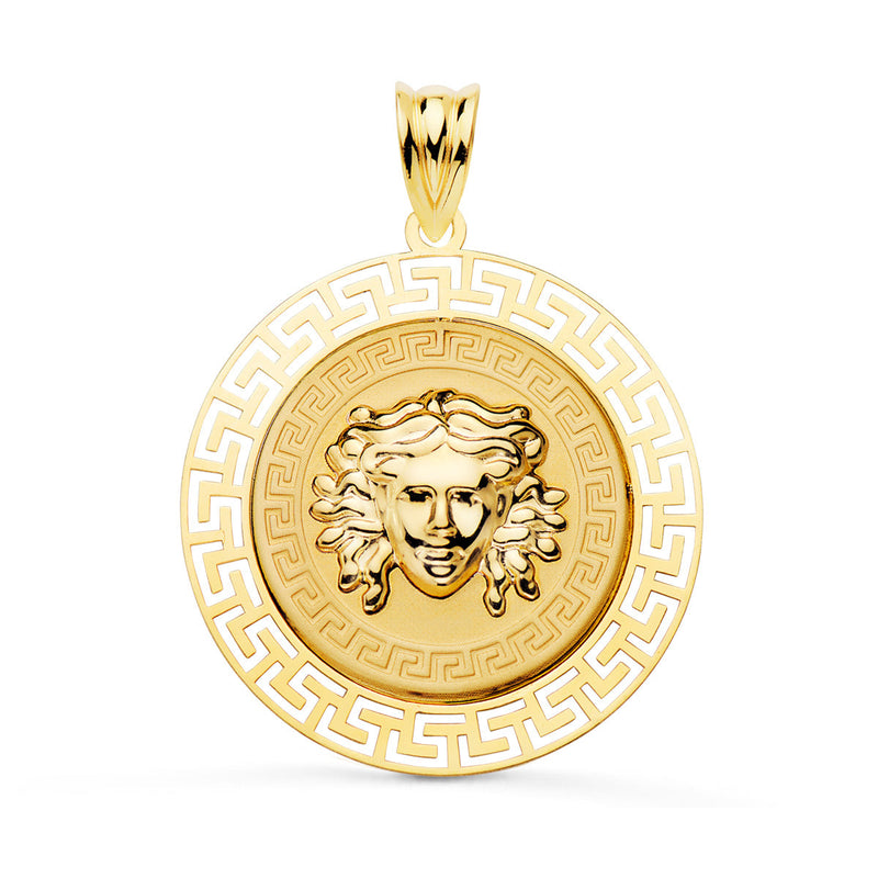 18K Yellow Gold Medusa Medal With Openwork Border And Shaded Greek Key 27 mm