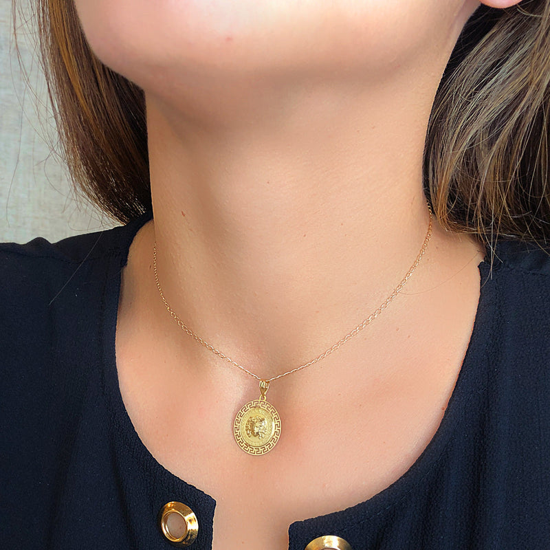 18K Yellow Gold Medusa Medal With Openwork Border And Shaded Greek Key 27 mm