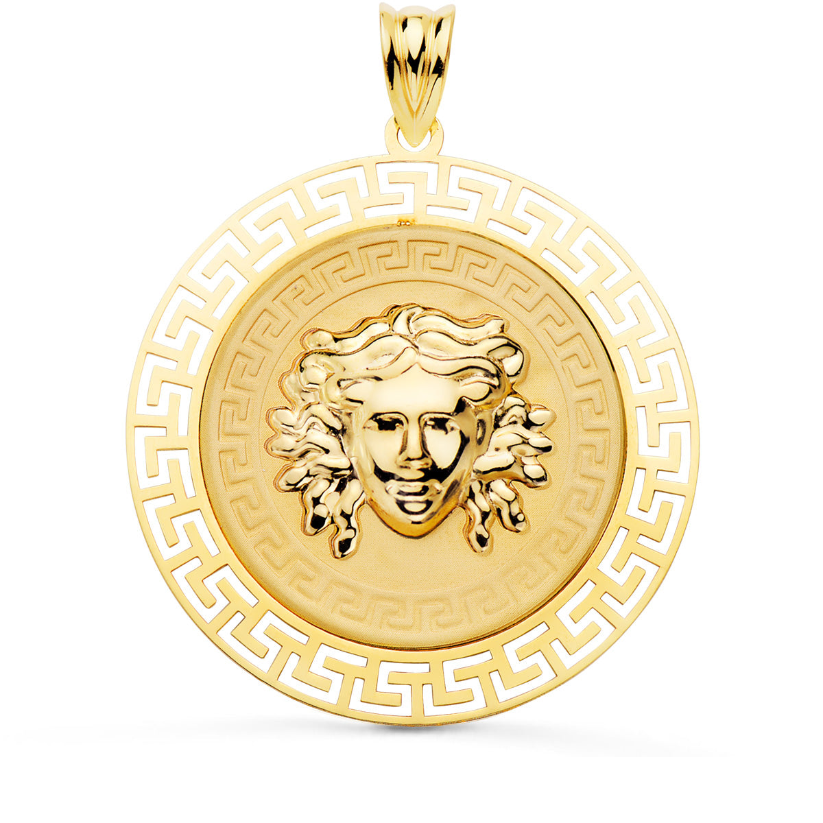 18K Yellow Gold Medusa Medal with Openwork Border and Matte Greek Key 33 mm
