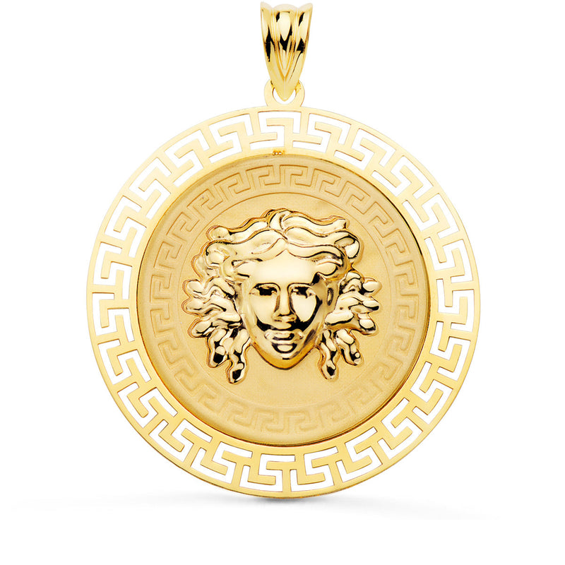 18K Yellow Gold Medusa Medal With Openwork Border And Shaded Greek Key 33 mm