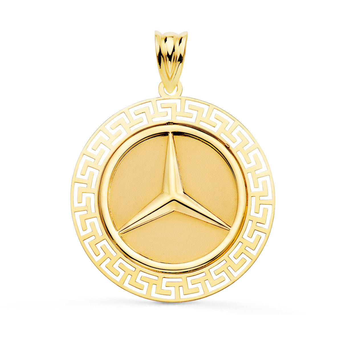 Médaille 18K Or Jaune Étoile Trois Pointes Avec Bordure De Greca Ajourée. 27 mm