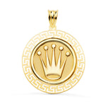 Couronne Médaille En Or Jaune 18 Carats Avec Bordure Greca Ajourée. 27mm