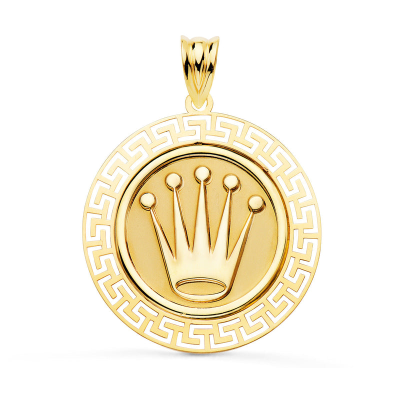 Couronne Médaille En Or Jaune 18 Carats Avec Bordure Greca Ajourée. 27mm