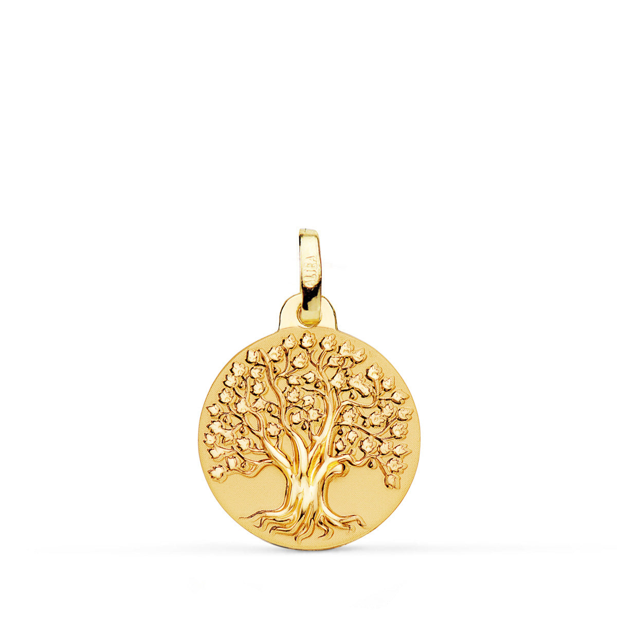 18K Yellow Gold Tree of Life Medal Matte and Shine 16 Mm