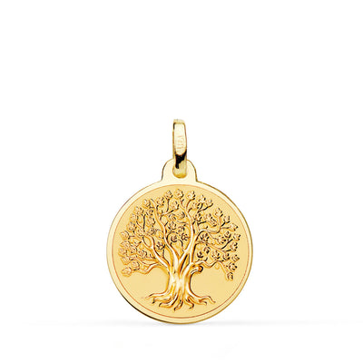 Médaille Or Jaune 18 Carats Arbre de Vie Brillant et Fond Mat 18 Mm