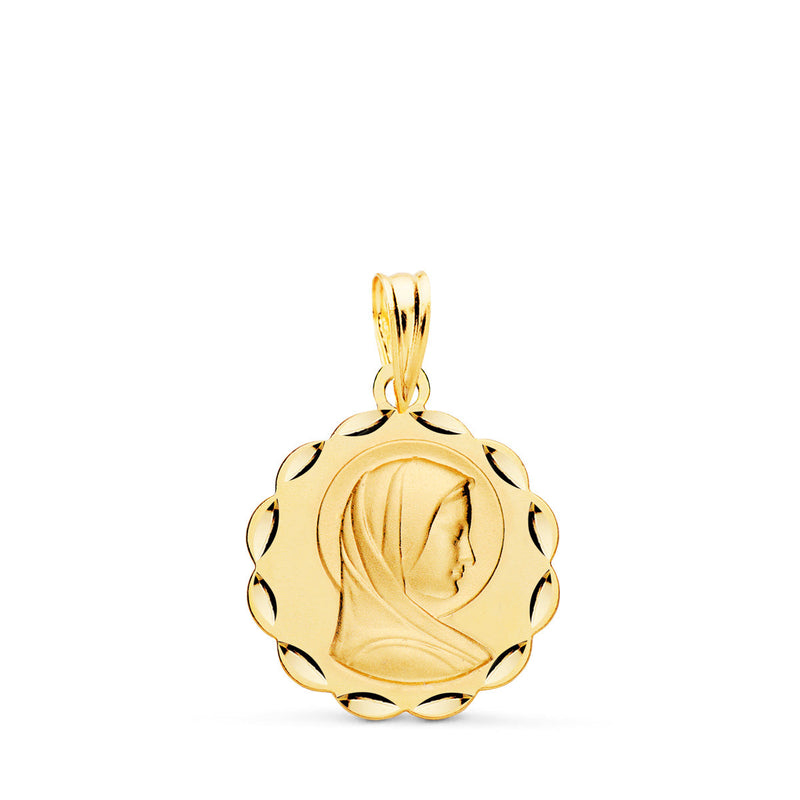 18K Yellow Gold Medal Virgin Mary Shaded and Carved 17 mm