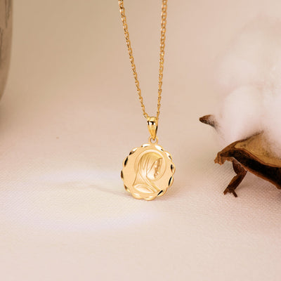 18K Yellow Gold Medal Virgin Mary Shaded and Carved 17 mm