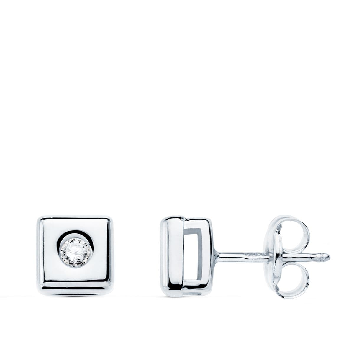 18K White Gold Square Earrings Diamonds 0.100 Carats G-Vs2. Pressure Clasp