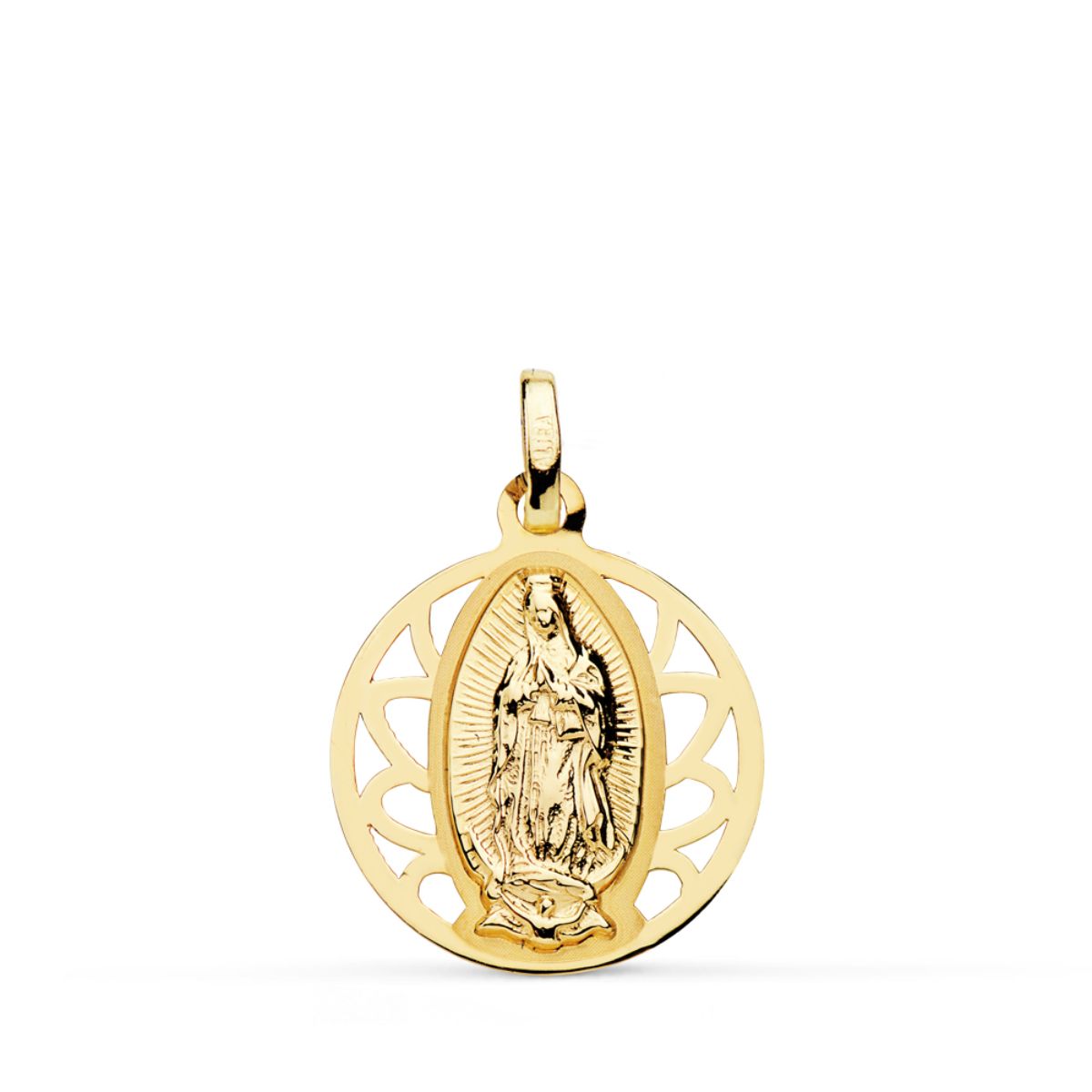 18K Yellow Gold Medal Virgin of Guadalupe Openwork Frame 18 mm