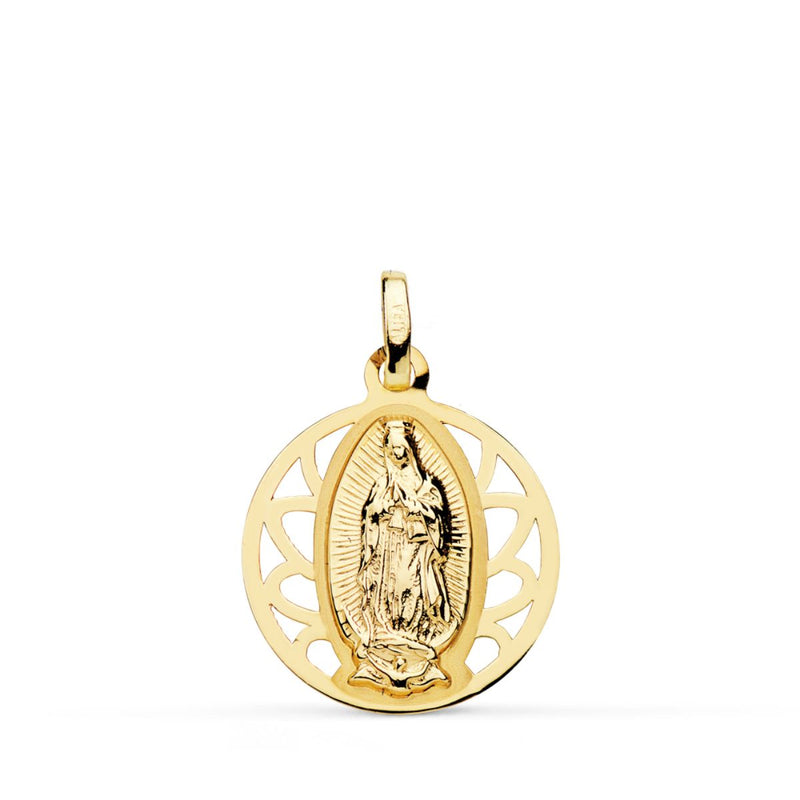 18K Medalla Oro Amarillo Virgen De Guadalupe Cerco Calado 18 mm