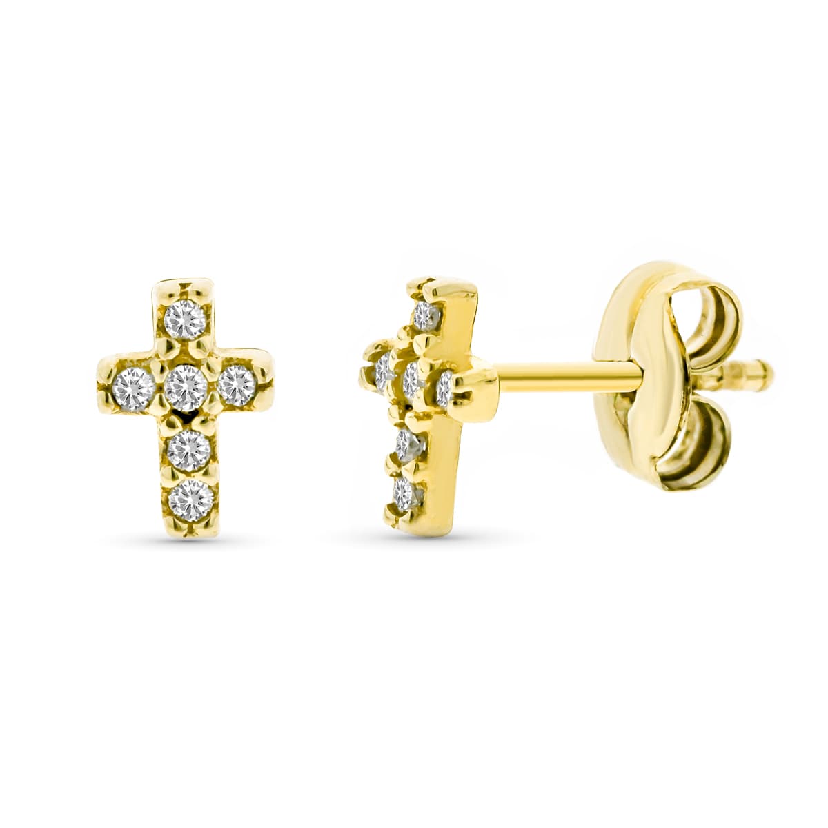 18K Yellow Gold Cross Earrings Diamonds 0.06 Qts Si-H. 6x4 mm Pressure Back