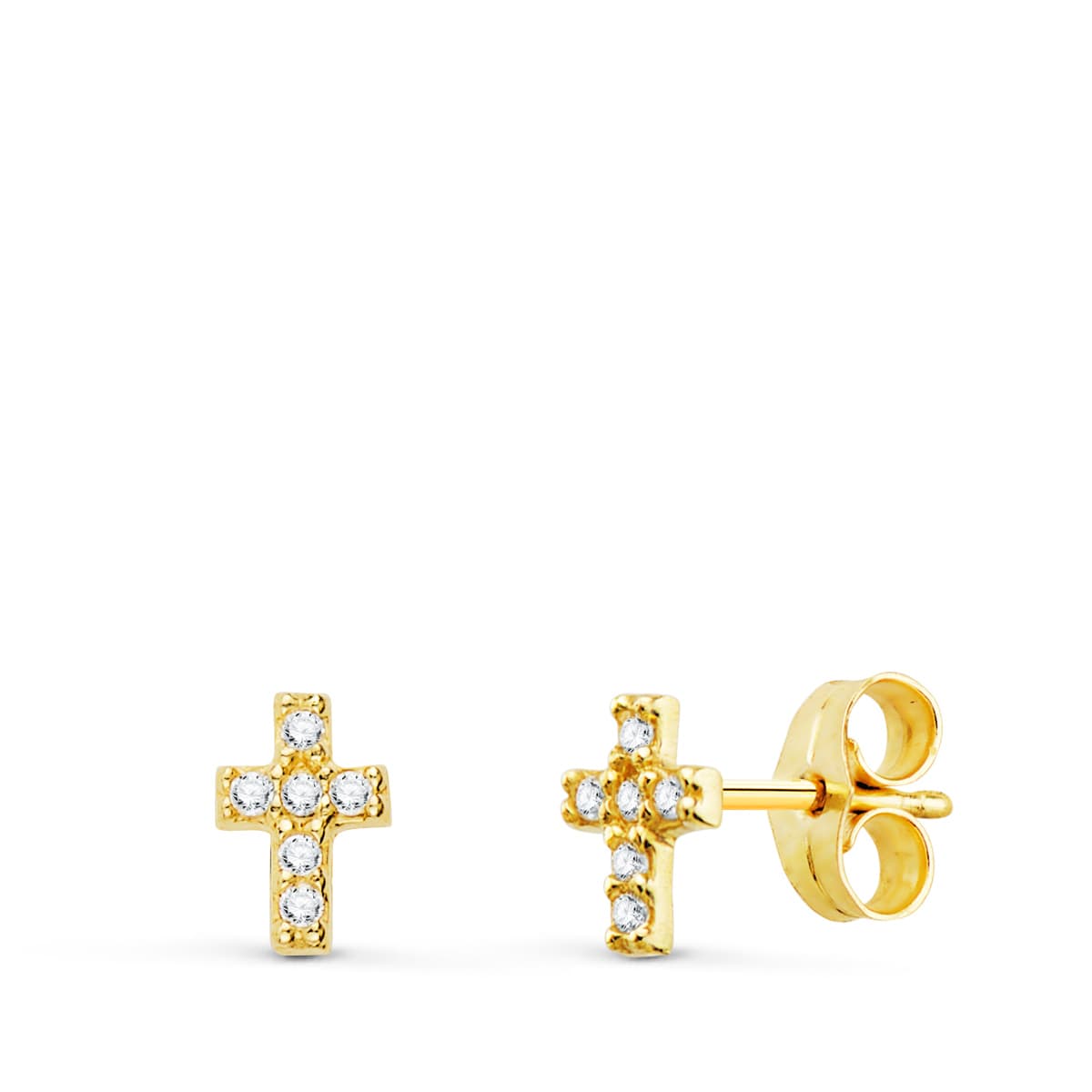 18K Yellow Gold Cross Earrings Diamonds 0.06 Qts Si-H. 6x4 mm Pressure Back