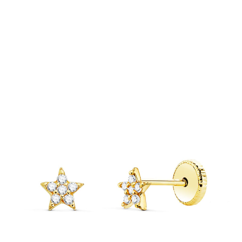 18K Pendientes Oro Amarillo Estrellas Con Diamantes 0.06 Qts Si-H. 4mm