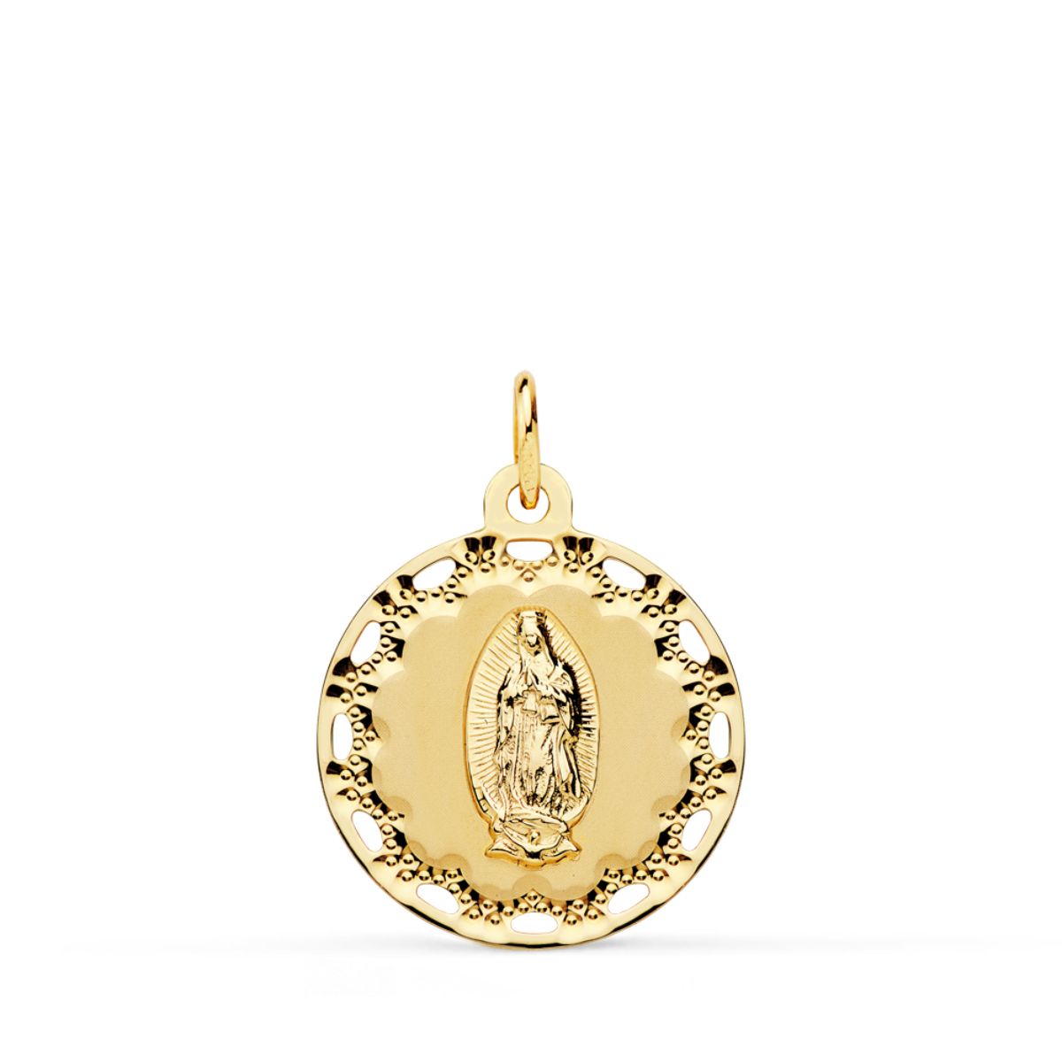 18K Yellow Gold Medal Virgin of Guadalupe Openwork and Carved Border 18 mm