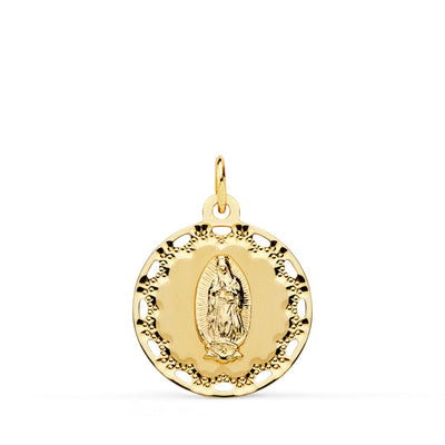 18K Yellow Gold Medal Virgin of Guadalupe Openwork and Carved Frame 18 mm