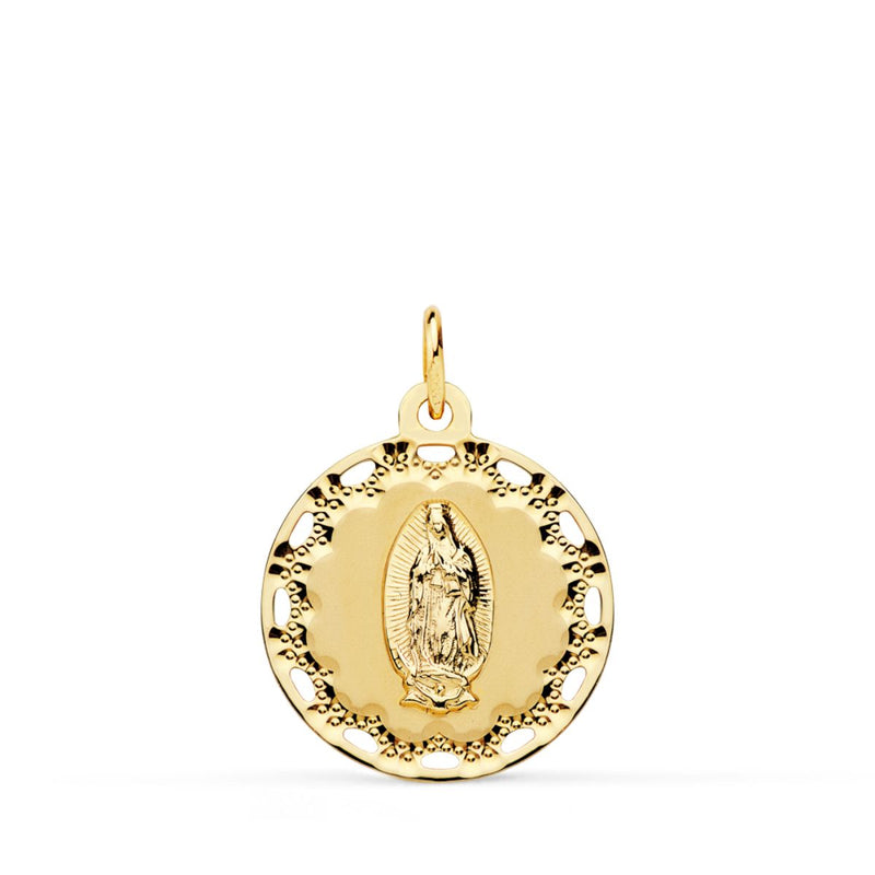 18K Medalla Oro Amarillo Virgen De Guadalupe Cerco Calado Y Tallado 18 mm