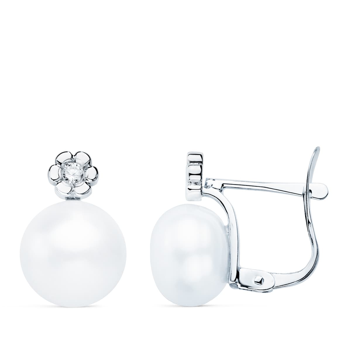 18K Earrings White Gold Diamonds 0.06 Qts G-Vs2. Pearl 9 mm 13x9 mm