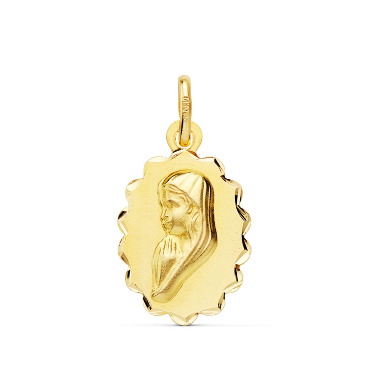 18K Yellow Gold Medal Virgin Girl Oval With Carved Arches. 16 x 12 mm