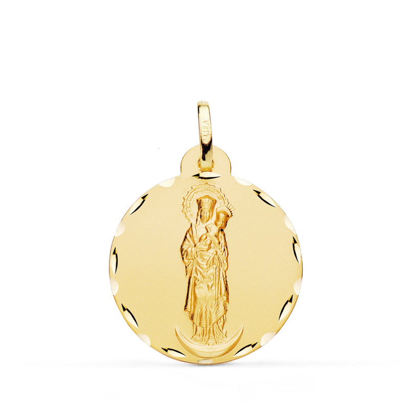 18K Yellow Gold Medal Virgin of Almudena Carved 22 mm