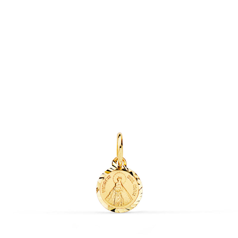 18K Medalla Oro Amarillo Mini Virgen Del Mar Bordes Tallados 8 mm