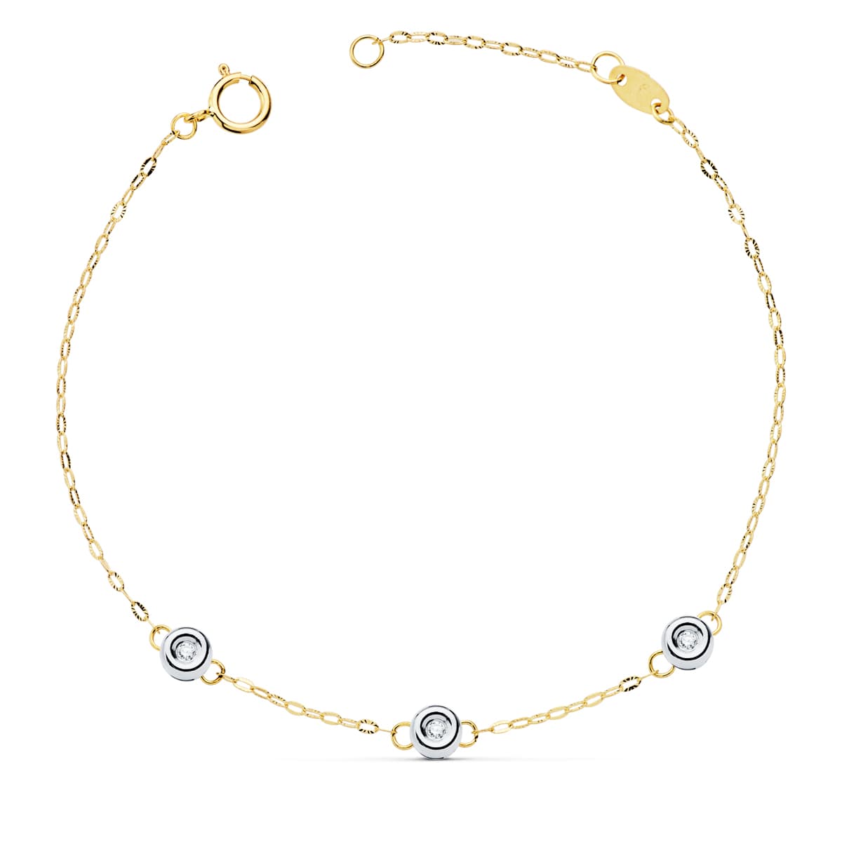 18K Bicolor Bracelet Forced Chain 19cm Three Diamonds 0.045 Qts. G-Vs2