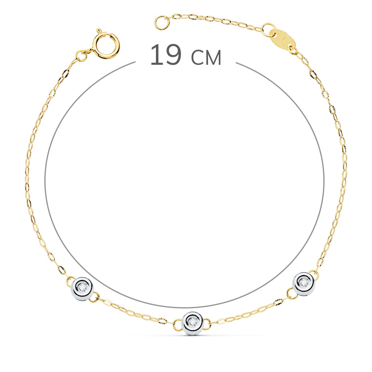 18K Bicolor Bracelet Forced Chain 19cm Three Diamonds 0.045 Qts. G-Vs2