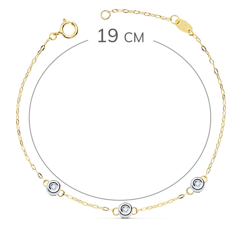 18K Pulsera Bicolor Cadena Forzada 19cm Tres Diamantes 0.045 Qts.  G-Vs2