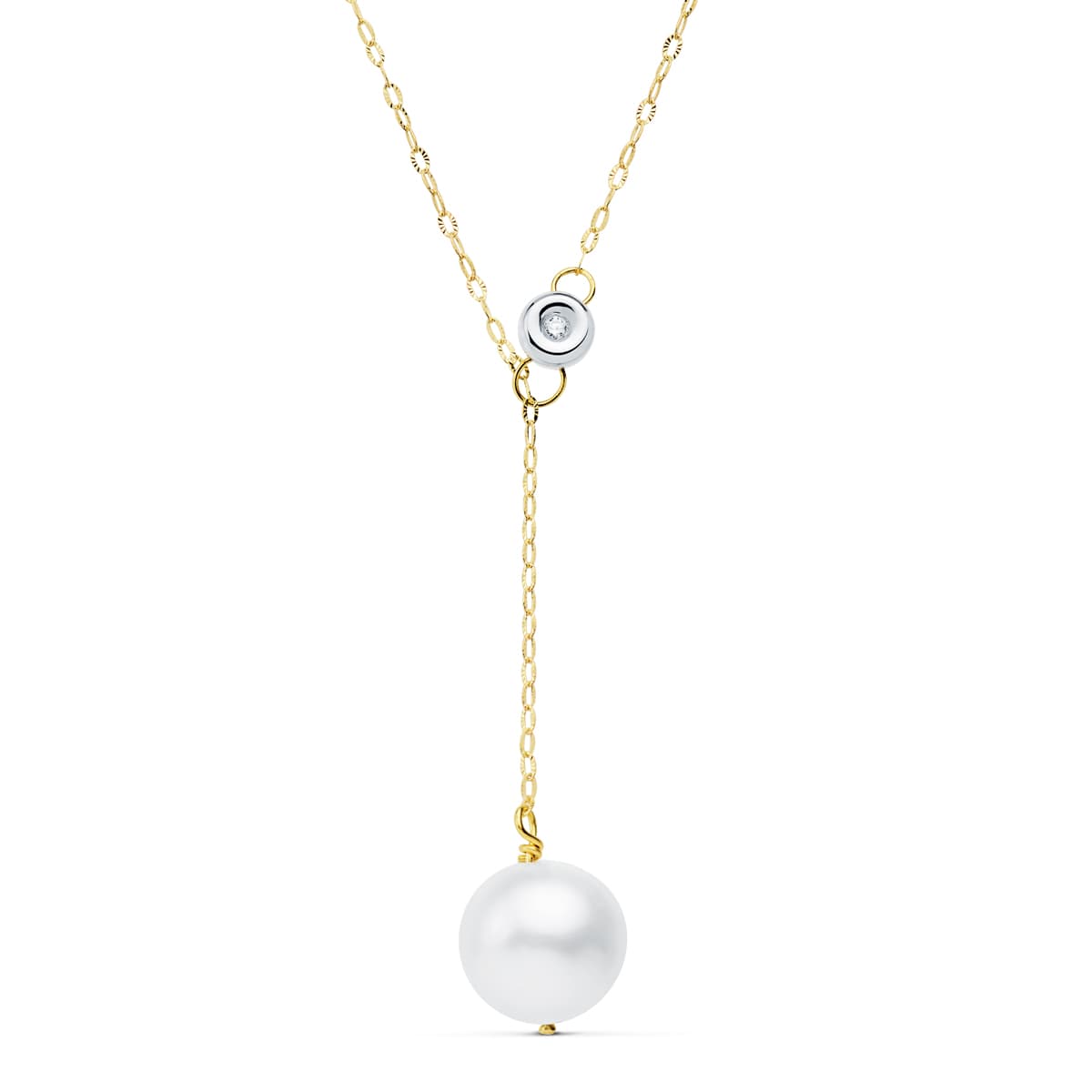 18K Necklace Pearl 12 mm Chain 45 cm Chaton Diamond 0.020 Qts G-Vs2