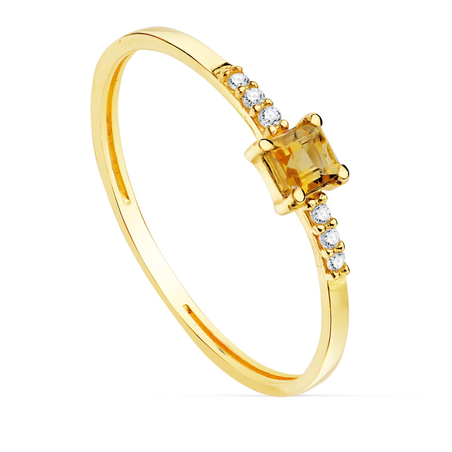 18K Yellow Gold Ring 6 Diamonds 0.030Qts. G-Vs2 Citrine 3x3mm Body 1mm