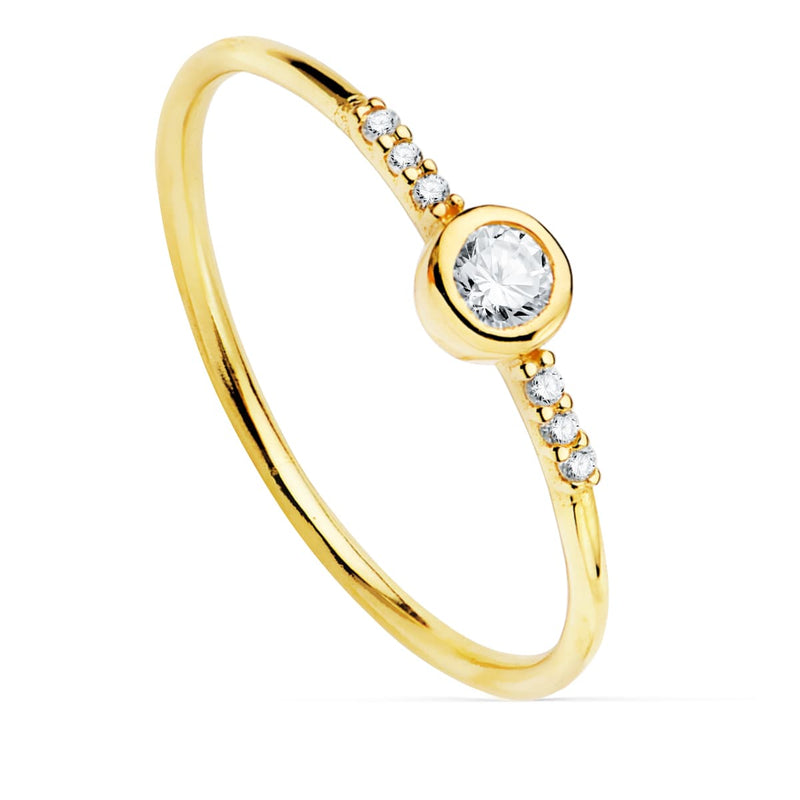 Bague diamant en or jaune 18 carats 0,140 Qts. G-Vs2. Diamant 3 mm et 6 de 1 mm