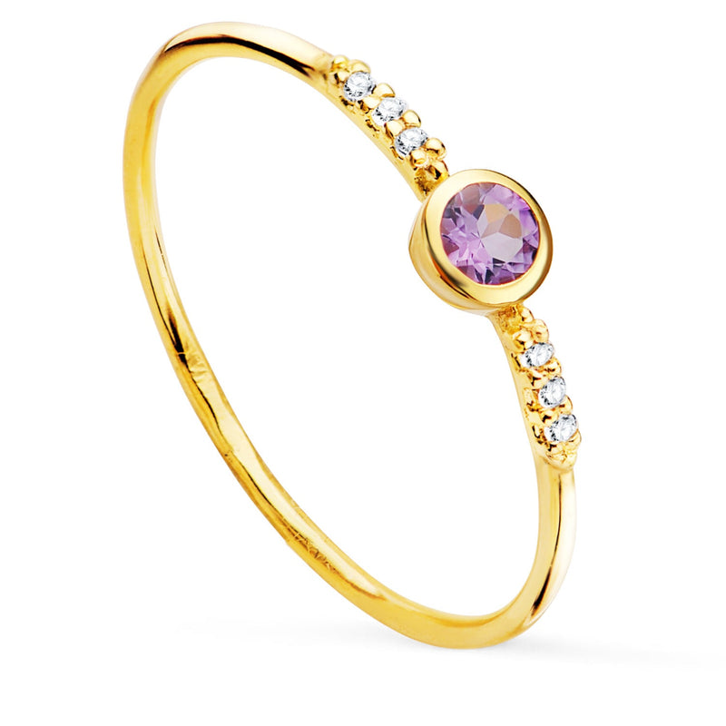 18K Yellow Gold Ring 6 Diamonds 0.030 Qts. G-Vs2. Amethyst 3 mm