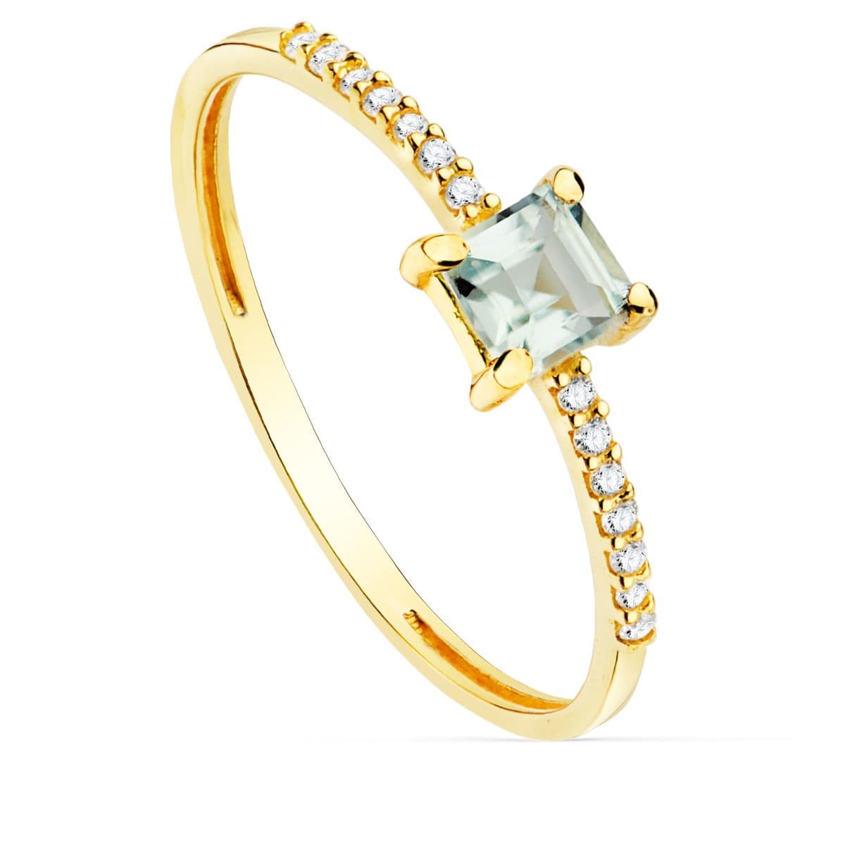 Yellow Gold Ring 14 Diamonds 0.070 Qts. G-Vs2 Aquamarine 4x4 mm Width 1 mm