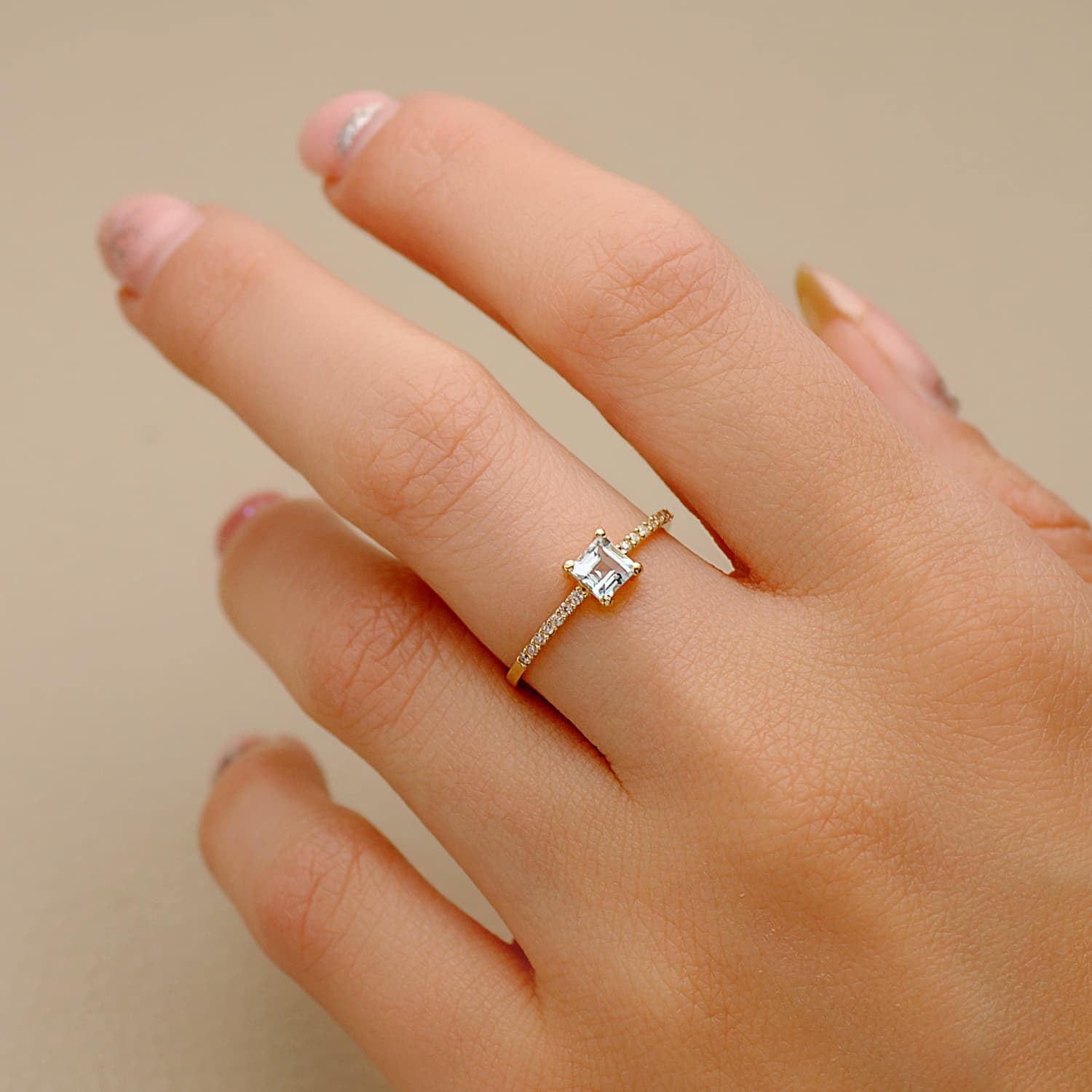 Yellow Gold Ring 14 Diamonds 0.070 Qts. G-Vs2 Aquamarine 4x4 mm Width 1 mm