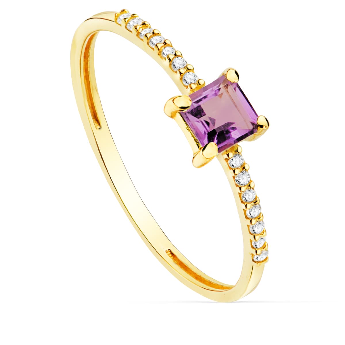Yellow Gold Ring 14 Diamonds 0.070 Carats G-Vs2. Amethyst 4x4 mm Body 1 mm