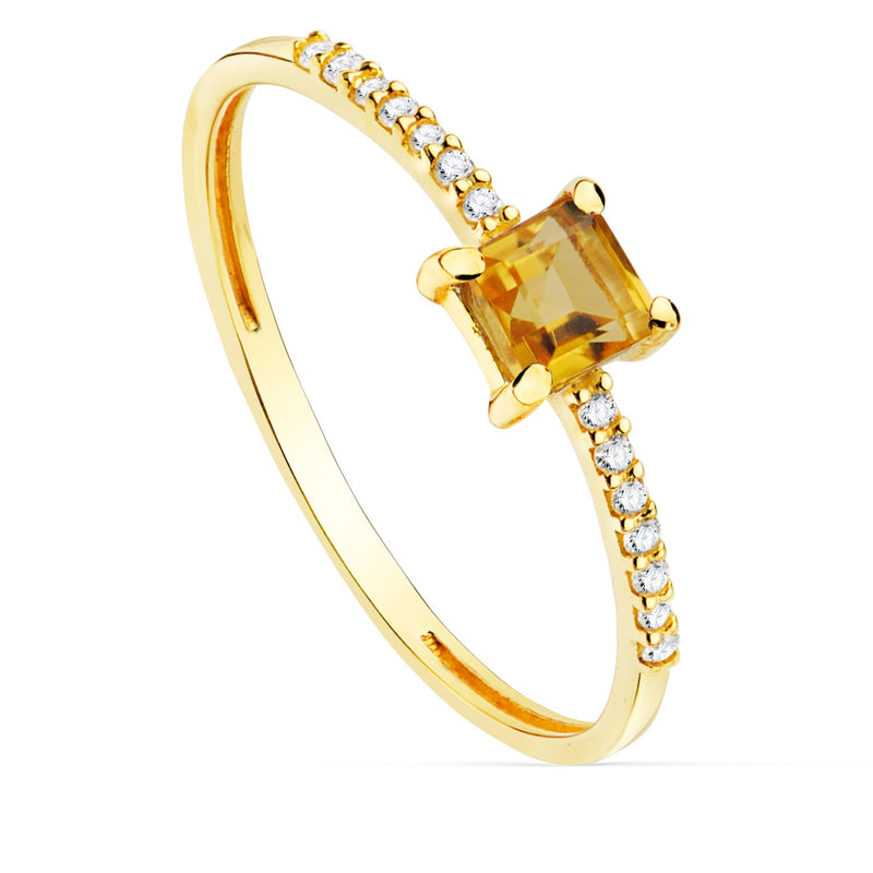 18K Yellow Gold Ring 14 Diamonds 0.070Qts. G-Vs2. Citrine 4x4mm Body 1 mm