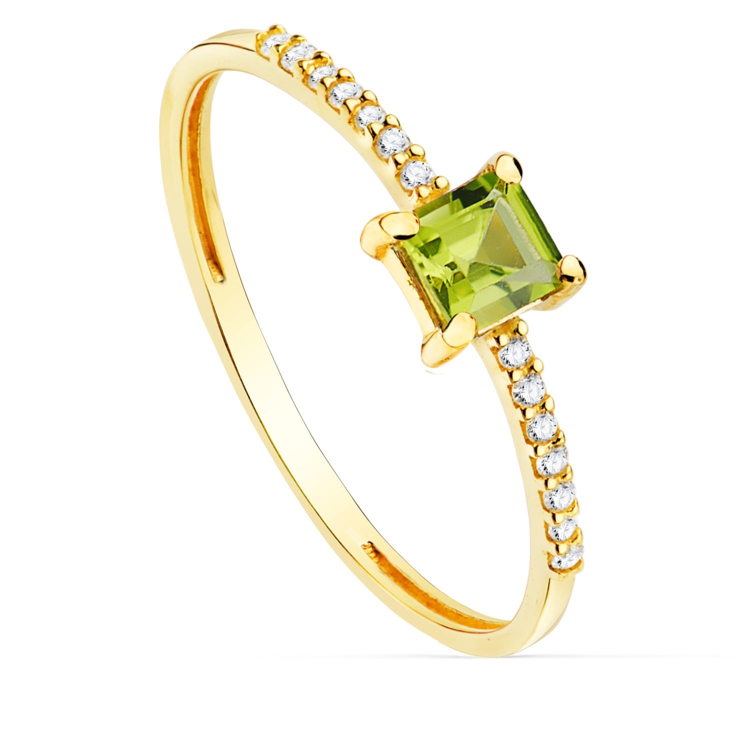 Yellow Gold Ring 14 Diamonds 0.070 Qts. G-Vs2. Peridot 4x4 mm Body 1 mm